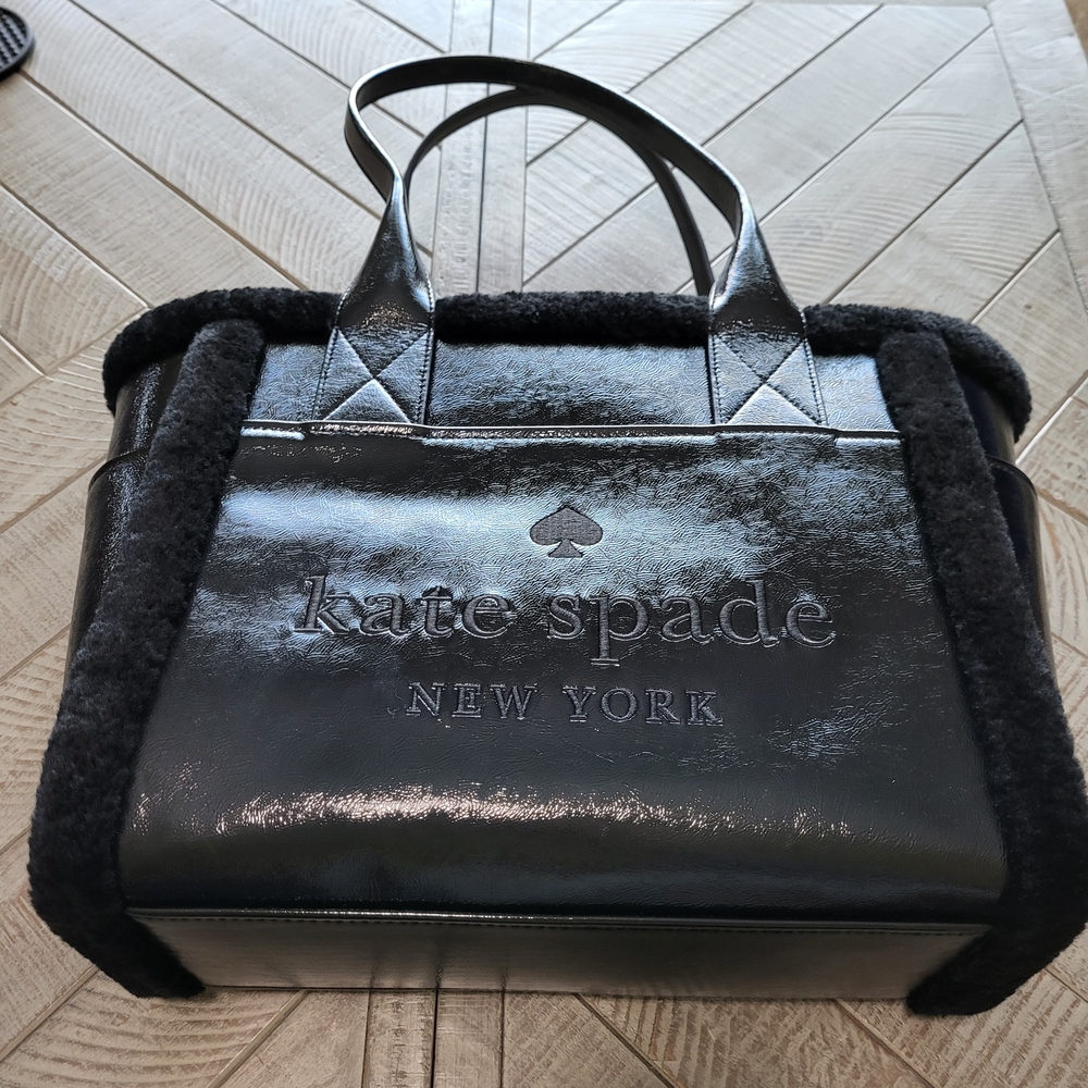 Kate Spade Faux Fur Black Leather Extra Large Tote Embossed Logo Zippered Bag